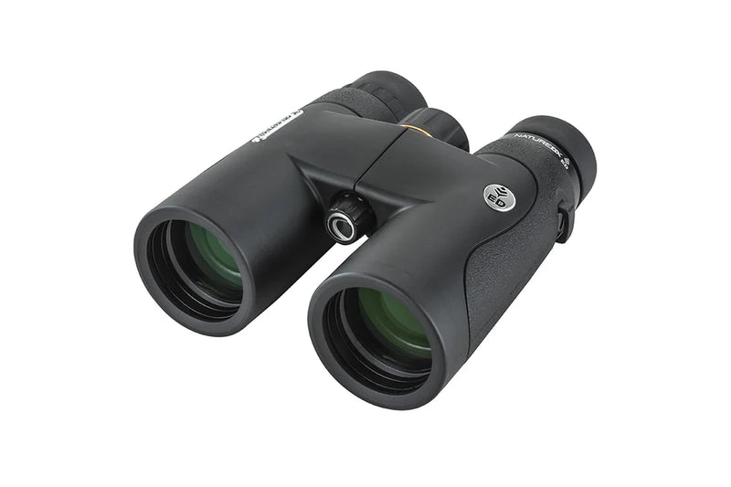 Celestron Nature DX 8x42 ED roof binoculars showing close-up of the binoculars with large objective lenses and textured grip.
