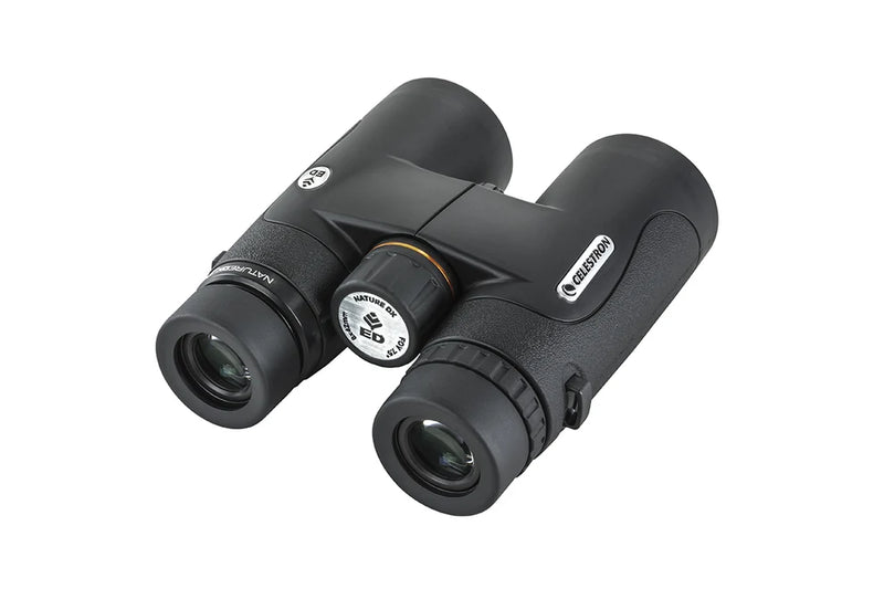 Celestron Nature DX 8x42 ED roof binoculars showing the black binoculars with textured grip and large objective lenses.