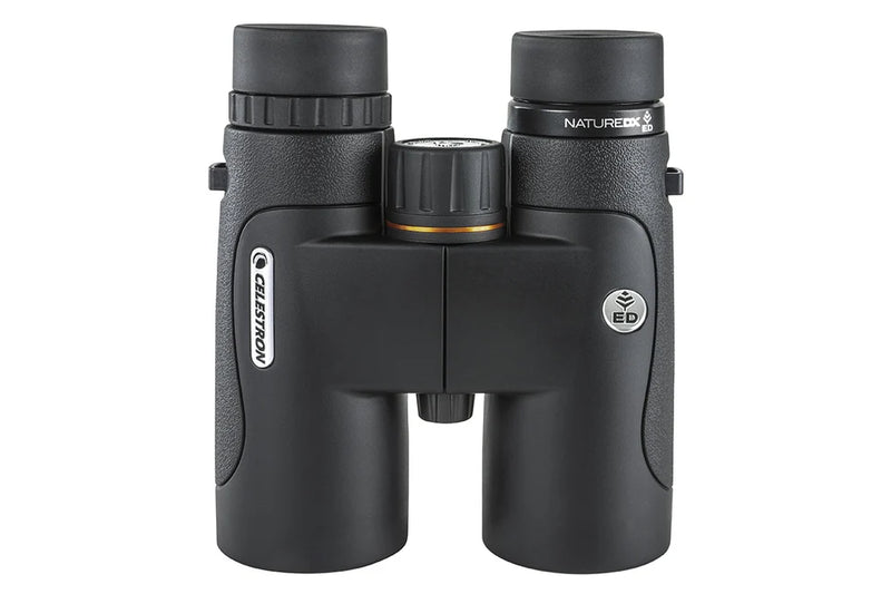 Celestron Nature DX 8x42 ED roof binoculars with large lenses and ergonomic design for outdoor wildlife viewing.