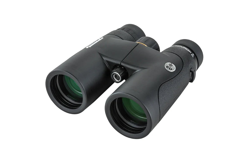Celestron Nature DX 10x42 ED roof binoculars with large lenses, black body, and textured grip for outdoor wildlife viewing.