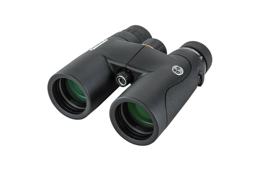 Celestron Nature DX 10x42 ED roof binoculars with large lenses, black body, and textured grip for outdoor wildlife viewing.