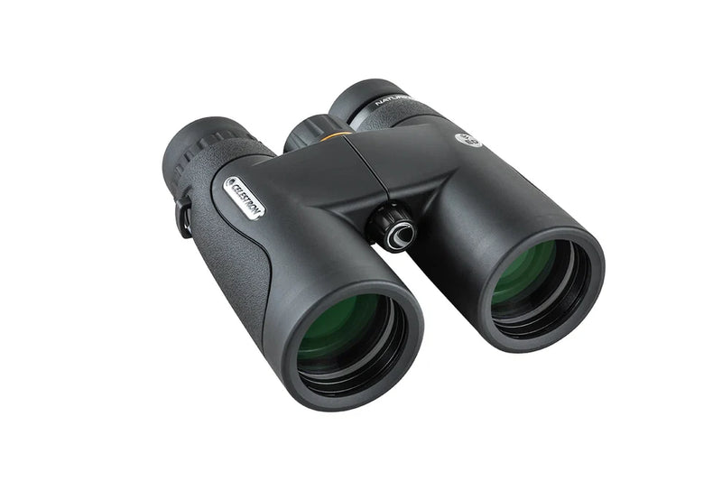 Celestron Nature DX 10x42 ED roof binoculars with black rubber armor and large objective lenses for outdoor wildlife viewing.