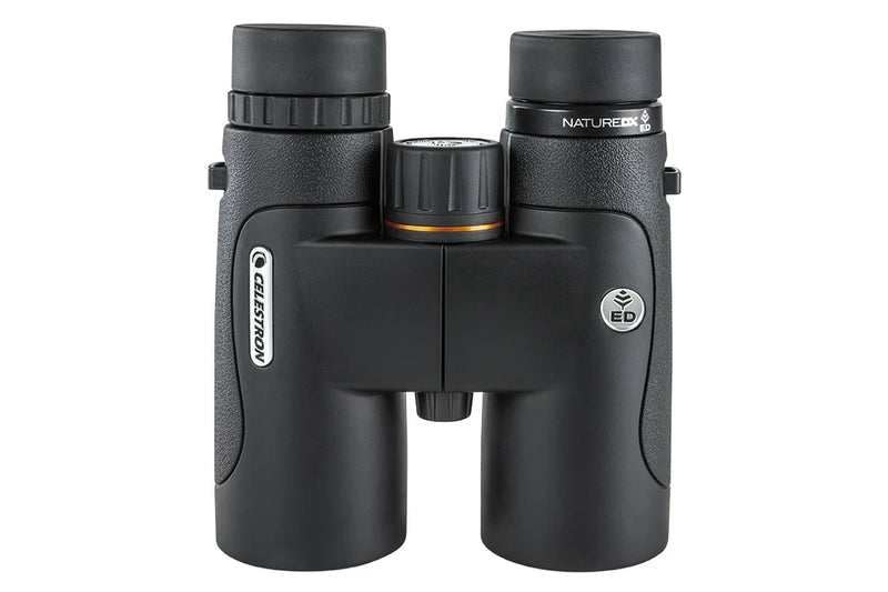 Celestron Nature DX 10x42 ED roof binoculars with large lenses and durable body, ideal for outdoor wildlife viewing.