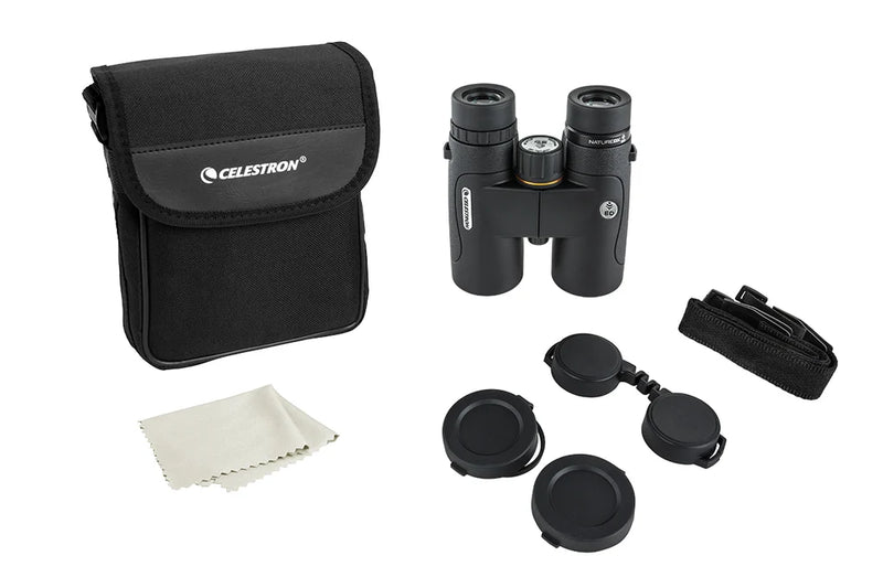 Celestron Nature DX 10x42 ED roof binoculars with large lenses and textured grip for outdoor wildlife viewing.