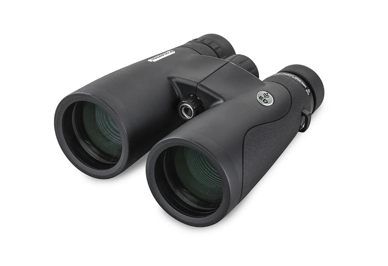 Celestron Nature DX 10x50 ED roof binoculars with black body and textured grip, showing the binoculars with focus wheel and objective lenses