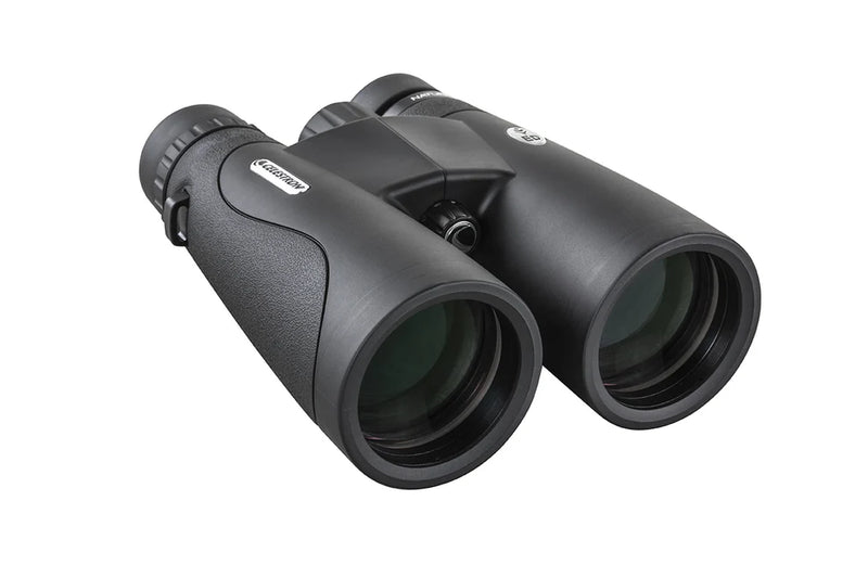 Celestron Nature DX 10x50 ED roof binoculars with black body and textured grip, showcasing the eyepieces and lens details.