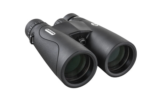 Celestron Nature DX 10x50 ED roof binoculars with black body and textured grip, showcasing the eyepieces and lens details.