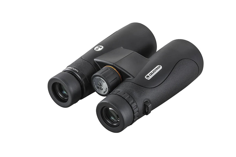 Celestron Nature DX 10x50 ED roof binoculars showing close-up of objective lenses and textured rubber armor for outdoor observation
