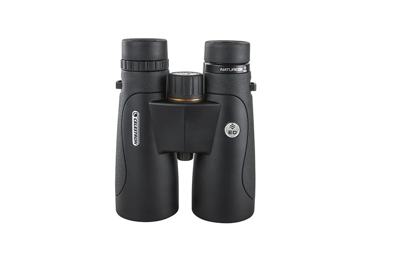 Celestron Nature DX 10x50 ED roof binoculars with large lenses and textured grip for outdoor wildlife viewing.