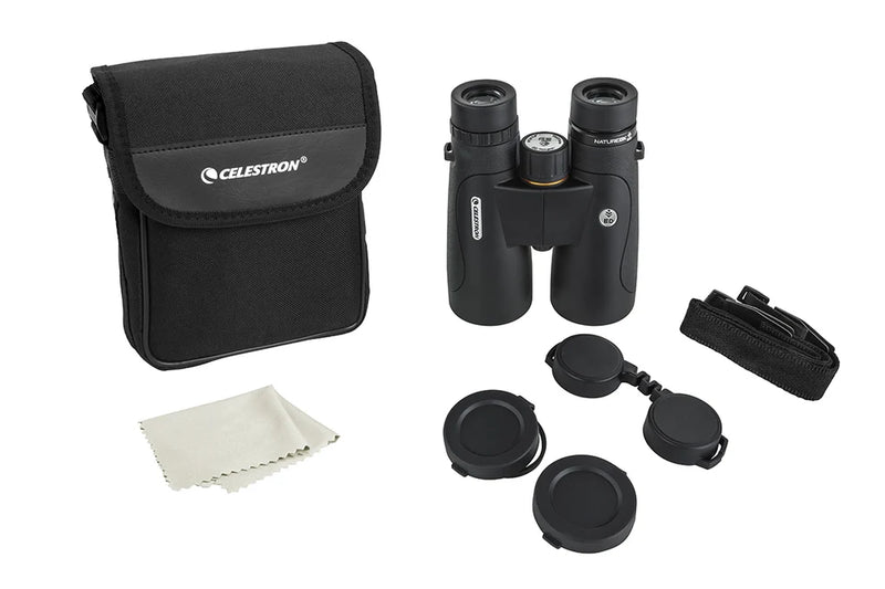 Celestron Nature DX 10x50 ED roof binoculars showing close-up of the binoculars with textured grip and objective lenses.