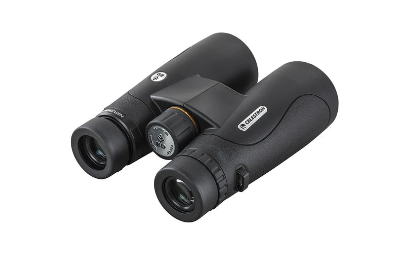 Celestron Nature DX 12x50 ED roof binoculars showing large objective lenses and textured body for outdoor birdwatching.