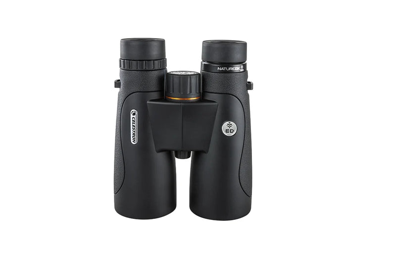Celestron Nature DX 12x50 ED roof binoculars showing black body and large objective lenses for wildlife viewing.