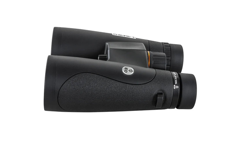 Celestron Nature DX 12x50 ED roof binoculars showing large objective lenses and textured focusing ring for outdoor viewing.
