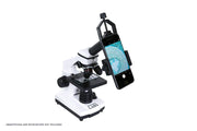 Celestron Basic Smartphone Adapter attached to a compound microscope for smartphone imaging and observation.