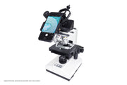 Celestron Basic Smartphone Adapter for microscopes, showing the compact adapter device with smartphone attached for imaging.