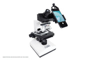 Celestron Basic Smartphone Adapter for microscope, showing the device attached to a compound microscope for smartphone imaging.