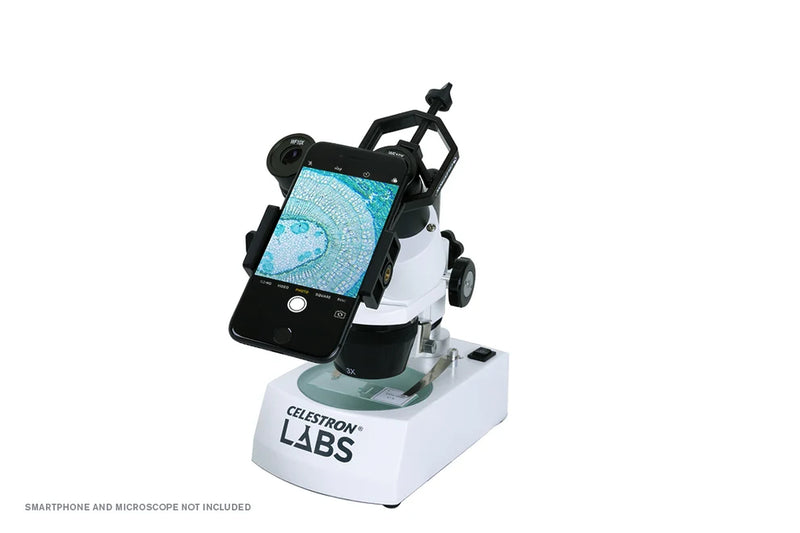 Celestron Basic Smartphone Adapter for microscopes, showing the clip and mounting hardware for capturing images with your smartphone.