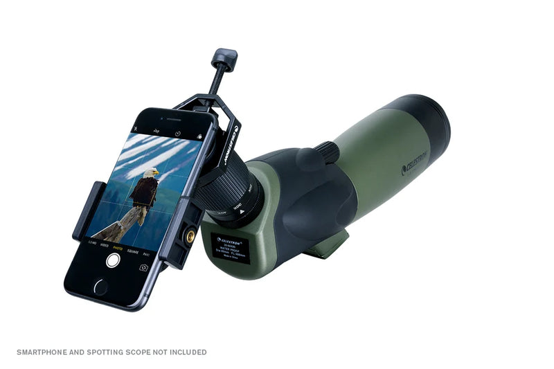 Celestron Basic Smartphone Adapter for telescope, showing the black adapter with smartphone attachment in a close-up view.