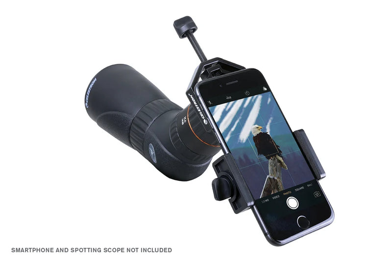 Celestron Basic Smartphone Adapter for telescope, showing adjustable mount and smartphone attachment for astrophotography.