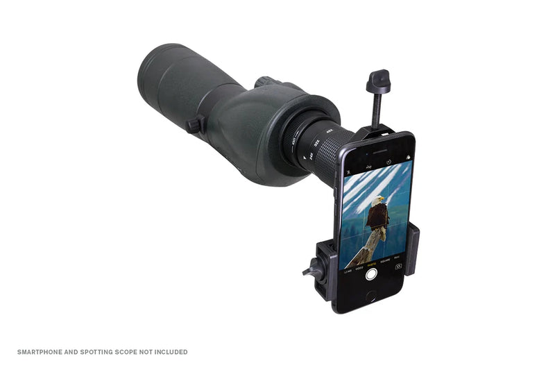 Celestron Basic Smartphone Adapter for telescope accessories, shown attached to a smartphone for astrophotography use.