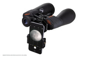 Celestron Basic Smartphone Adapter for telescopes, showing the black adjustable mount attached to a smartphone for astrophotography.