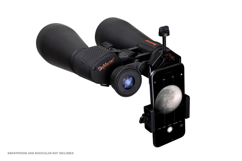 Celestron Basic Smartphone Adapter attached to telescope, enabling secure phone mount for astrophotography and stargazing.