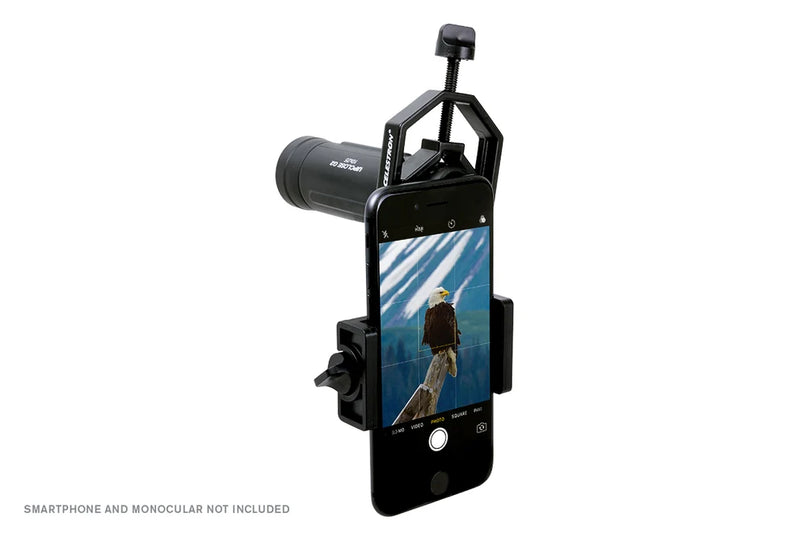 Celestron Basic Smartphone Adapter for accessories, shown attached to a 10x25 monocular for smartphone photography.