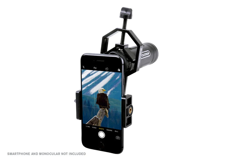 Celestron Basic Smartphone Adapter for accessories, shown attached to a 10x25 monocular for easy smartphone imaging.