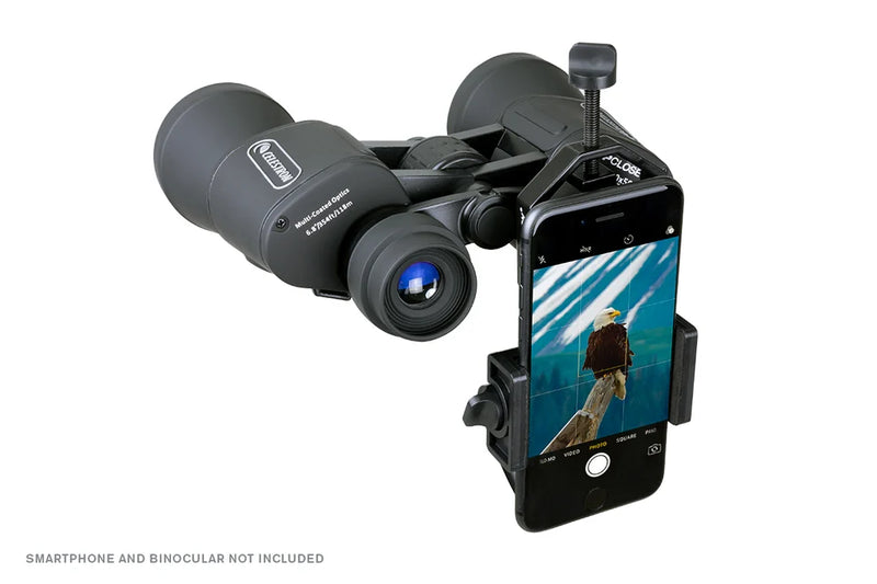 Close-up of Celestron Basic Smartphone Adapter for telescopes, showing adjustable mount and connection components.