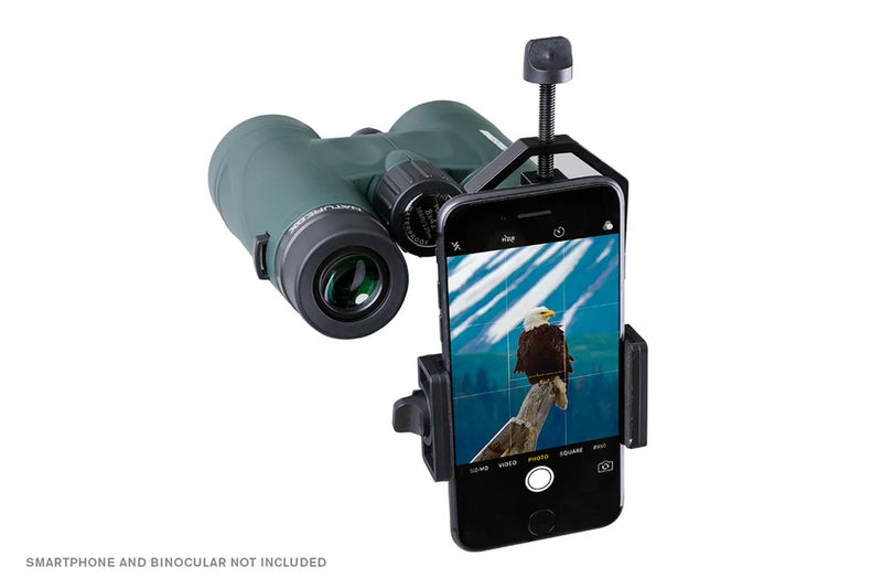 Celestron Basic Smartphone Adapter for connecting smartphones to telescopes, shown with the adapter and compatible device.