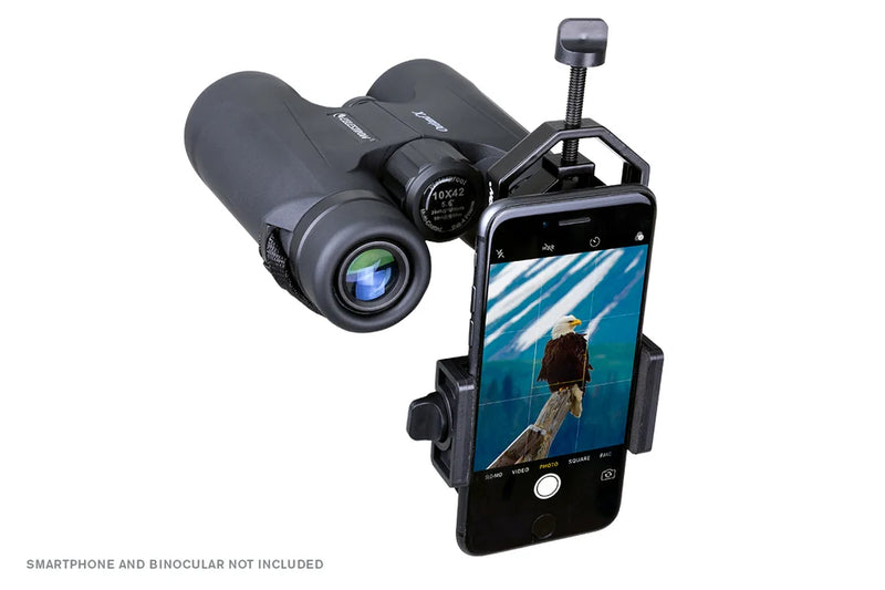 Celestron Basic Smartphone Adapter for telescope or binoculars, compatible with Celestron accessories, allows easy smartphone attachment for imaging.