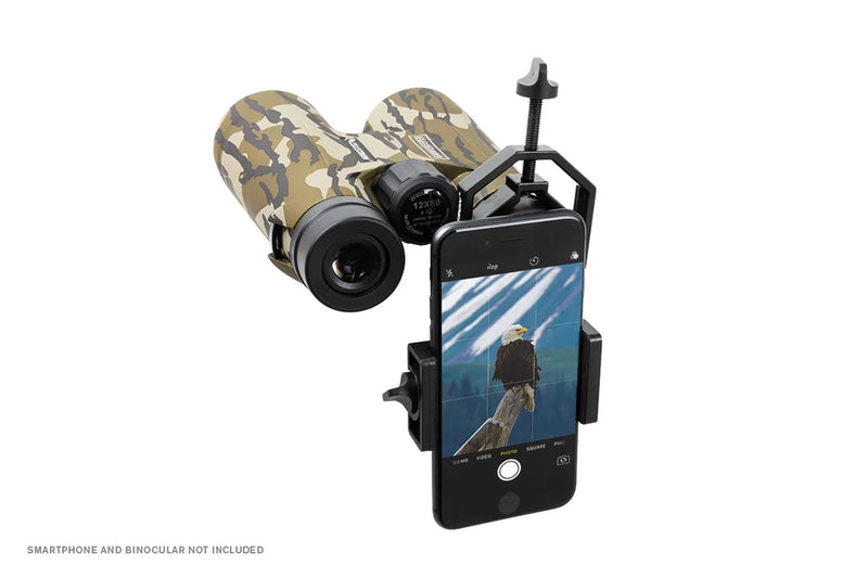 Celestron Basic Smartphone Adapter for binoculars, compatible with Celestron accessories, allowing smartphone photo and video capture.