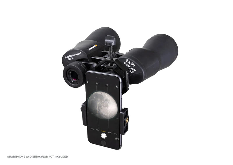 Celestron Basic Smartphone Adapter for telescope accessories, showing the black adapter with smartphone mount and connecting parts.