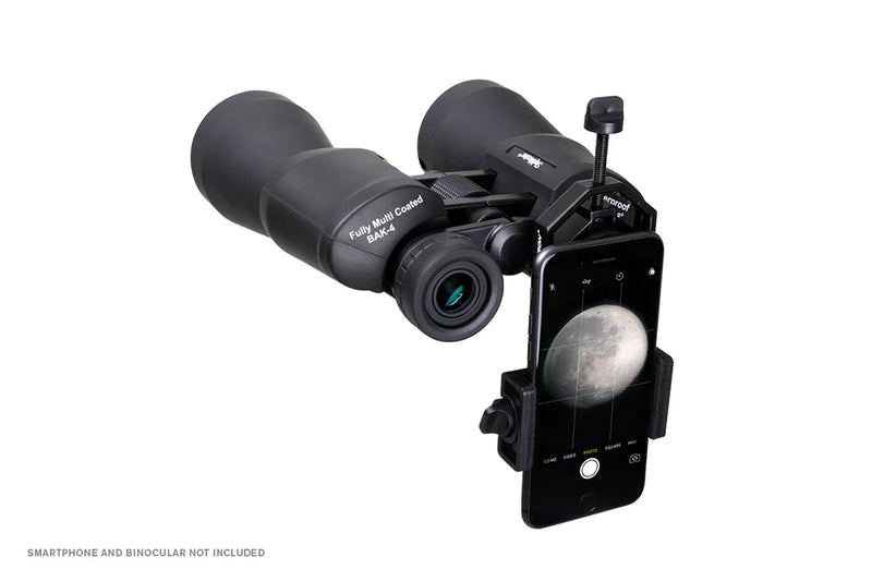Celestron Basic Smartphone Adapter for astronomical accessories, shown attached to a telescope for phone photography.
