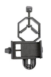 Celestron Basic Smartphone Adapter for accessories, shows metal attachment with smartphone secured for telescope photography.