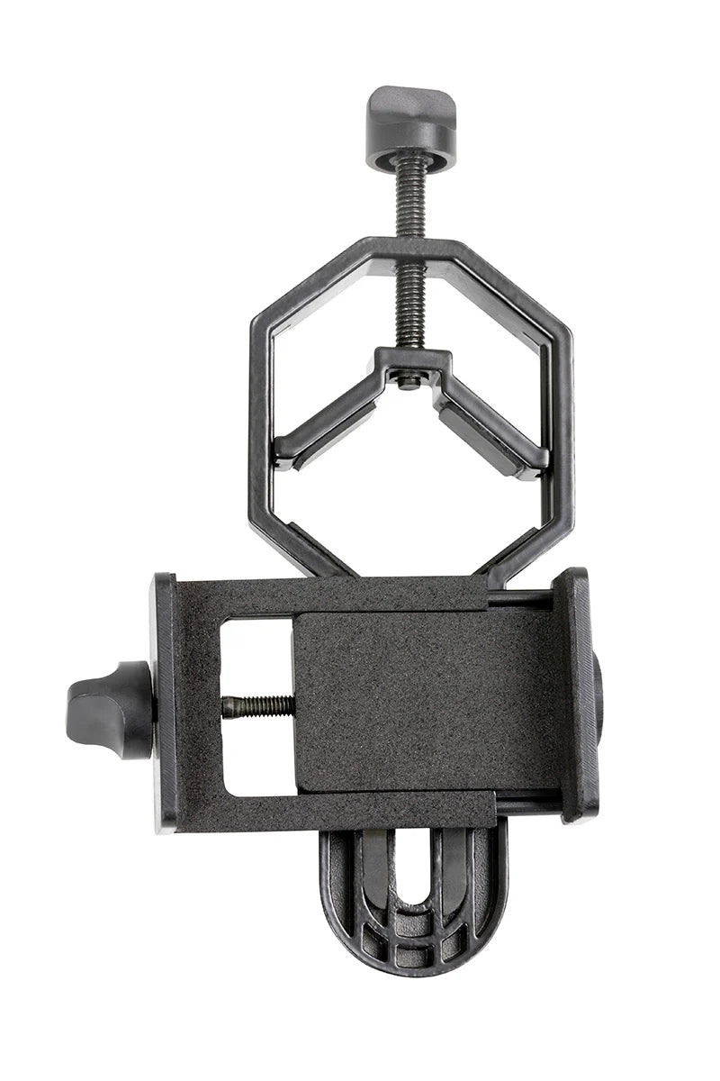 Celestron Basic Smartphone Adapter for accessories, shows metal attachment with smartphone secured for telescope photography.