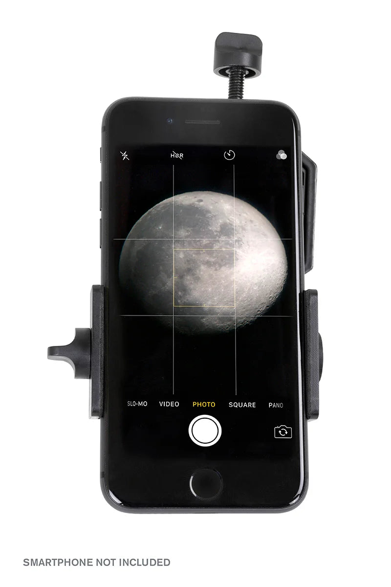 Celestron Basic Smartphone Adapter in metal, used for attaching smartphones to telescopes or microscopes for enhanced viewing.