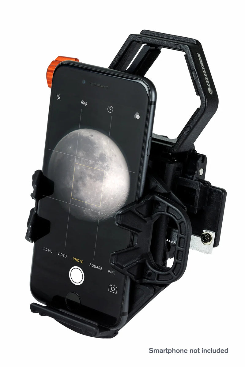 Celestron NeXGO 2-Axis Smartphone Adapter attached to a telescope for easy smartphone astrophotography setup.