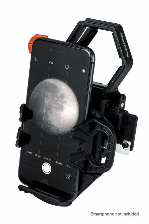 Celestron NeXGO 2-Axis Smartphone Adapter attached to a telescope for easy smartphone astrophotography setup.