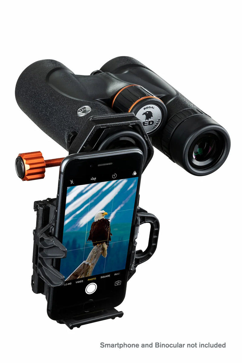 Celestron NeXGO 2-Axis Smartphone Adapter attached to a telescope for easy smartphone imaging and astrophotography.