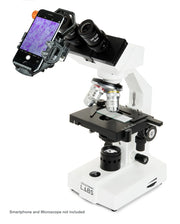 Celestron NeXGO 2-Axis Smartphone Adapter attached to a telescope for smartphone imaging and astrophotography.