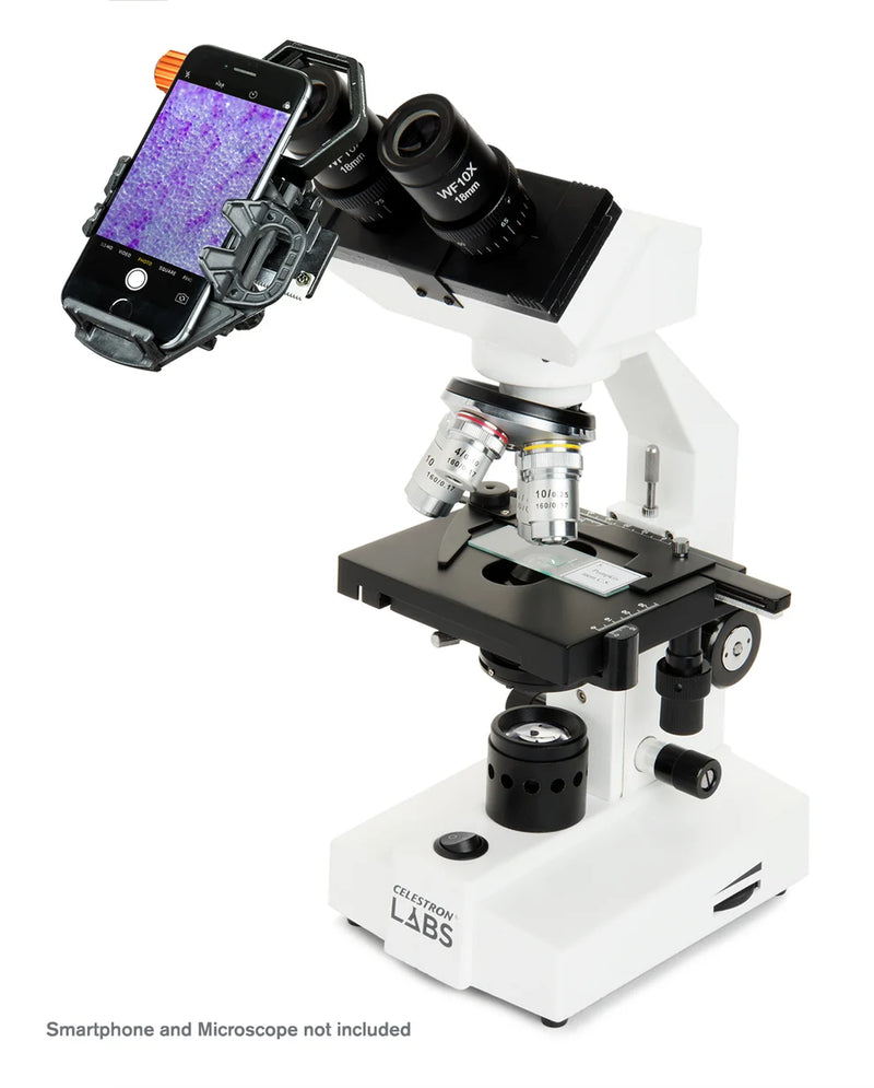 Celestron NeXGO 2-Axis Smartphone Adapter attached to a telescope for smartphone imaging and astrophotography.