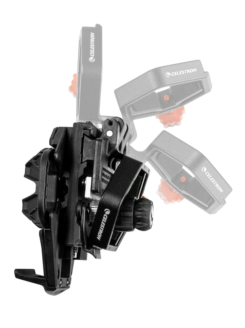 Celestron NeXGO 2-Axis Smartphone Adapter for telescope, shown attached to a smartphone with adjustable mount and controls.