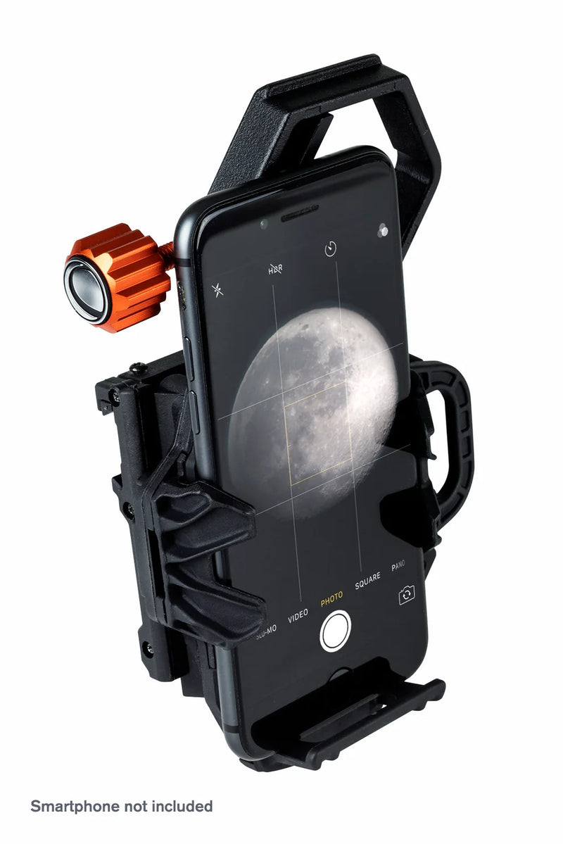 Celestron NeXGO 2-Axis Smartphone Adapter attached to telescope for easy smartphone imaging and astrophotography.