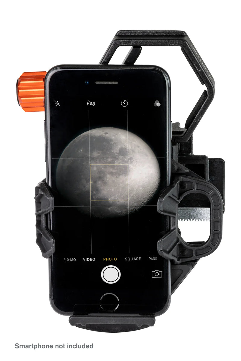 Celestron NeXGO 2-Axis Smartphone Adapter for telescope, adjustable mount for smartphones, compatible with Celestron accessories.