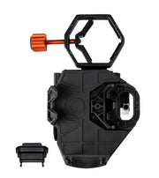 Celestron NeXGO 2-Axis Smartphone Adapter attached to a telescope for easy smartphone astrophotography.