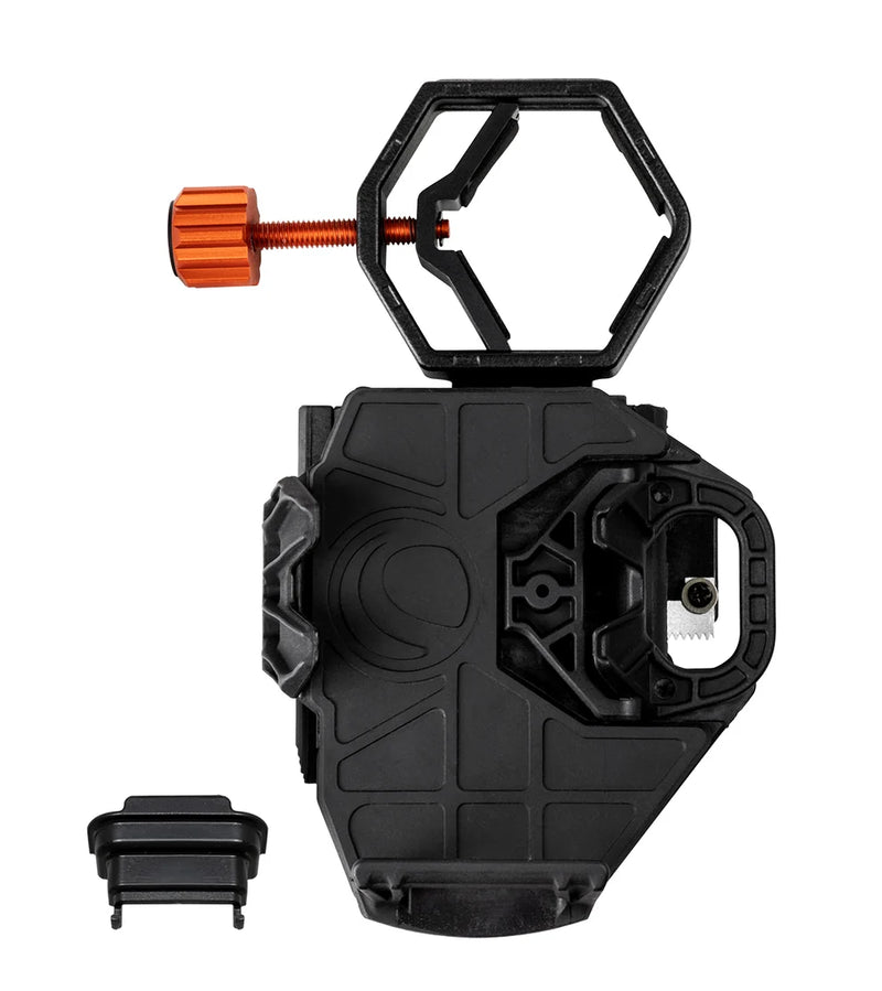 Celestron NeXGO 2-Axis Smartphone Adapter attached to a telescope for easy smartphone astrophotography.