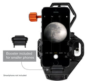Celestron NeXGO 2-Axis Smartphone Adapter attached to a telescope for smartphone astrophotography.