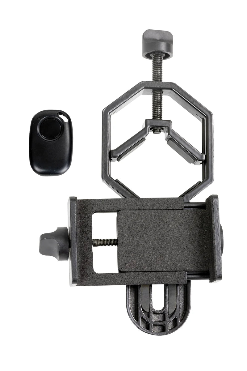 Celestron Basic Smartphone Adapter DX with Bluetooth for connecting smartphones to telescopes or microscopes.