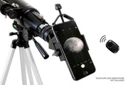 Celestron Basic Smartphone Adapter DX with Bluetooth for astrophotography, showing the adapter attached to a smartphone.